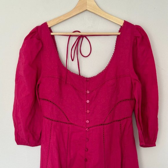 Free People Lisa Embroidered Lace Midi Dress Size S Pink Puff Sleeves Boho BNWT - Picture 6 of 16